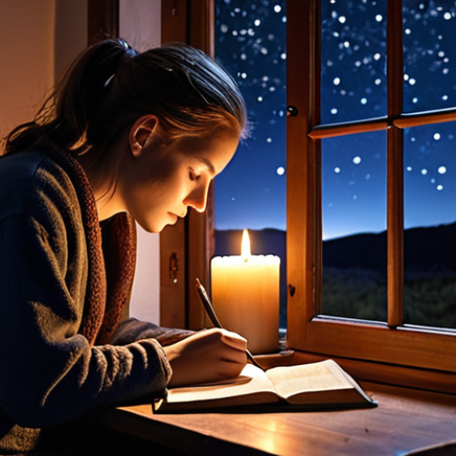Home 4 **A person sitting comfortably, writing in a journal by candlelight, with an open window showing a starlit night sky. The scene emphasizes introspection, self-discovery and a sense of peacefulness.**