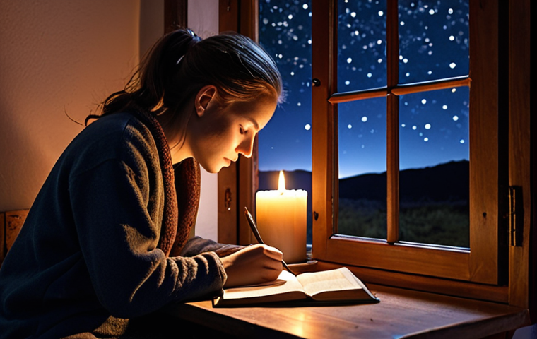 **A person sitting comfortably, writing in a journal by candlelight, with an open window showing a starlit night sky. The scene emphasizes introspection, self-discovery and a sense of peacefulness.**