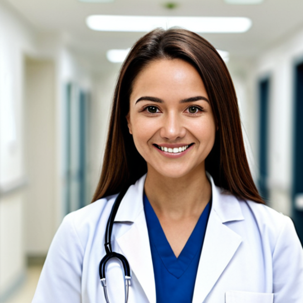 **
"A young female doctor wearing a professional white coat and stethoscope, smiling gently in a bright, modern hospital hallway with blurred figures in the background, fully clothed, modest attire, safe for work, appropriate content, perfect anatomy, correct proportions, well-formed hands, natural pose, professional medical environment, high quality, family-friendly."
**