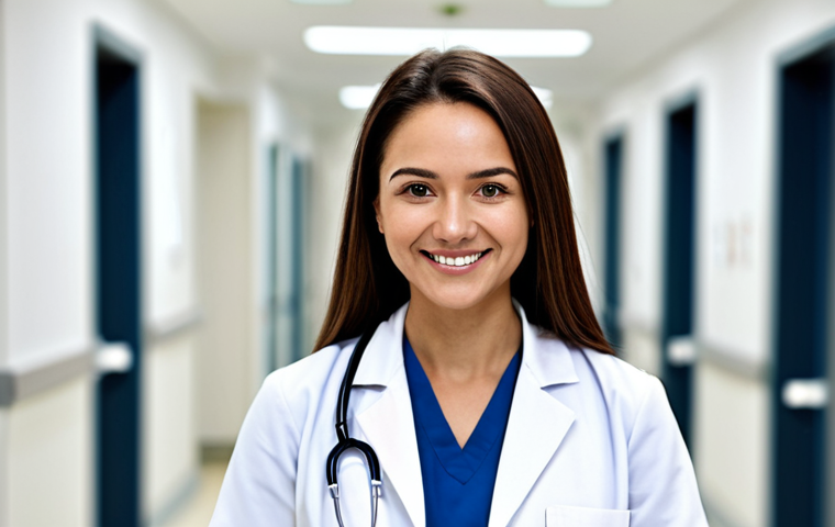 **
"A young female doctor wearing a professional white coat and stethoscope, smiling gently in a bright, modern hospital hallway with blurred figures in the background, fully clothed, modest attire, safe for work, appropriate content, perfect anatomy, correct proportions, well-formed hands, natural pose, professional medical environment, high quality, family-friendly."
**