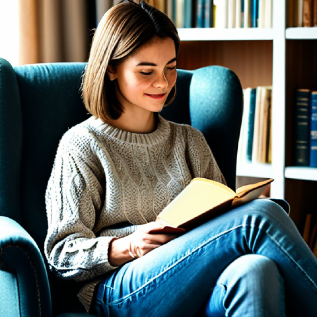 Health Narrative & Self-Reflection**
A woman in a cozy armchair, fully clothed in a modest sweater and jeans, journaling in a sunlit room with bookshelves in the background. Safe for work, appropriate content, professional photography, perfect anatomy, natural pose, well-formed hands, family-friendly.
**