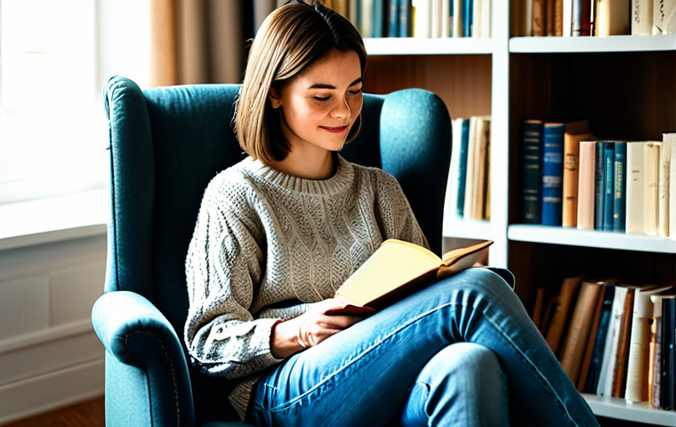 Health Narrative & Self-Reflection**
A woman in a cozy armchair, fully clothed in a modest sweater and jeans, journaling in a sunlit room with bookshelves in the background. Safe for work, appropriate content, professional photography, perfect anatomy, natural pose, well-formed hands, family-friendly.
**