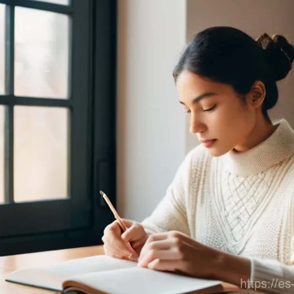 내러티브 건강법과 정신적 회복 속도 - **Image Prompt: Reflective Journaling and Inner Growth**
A serene woman, aged 28, with a gentle ...