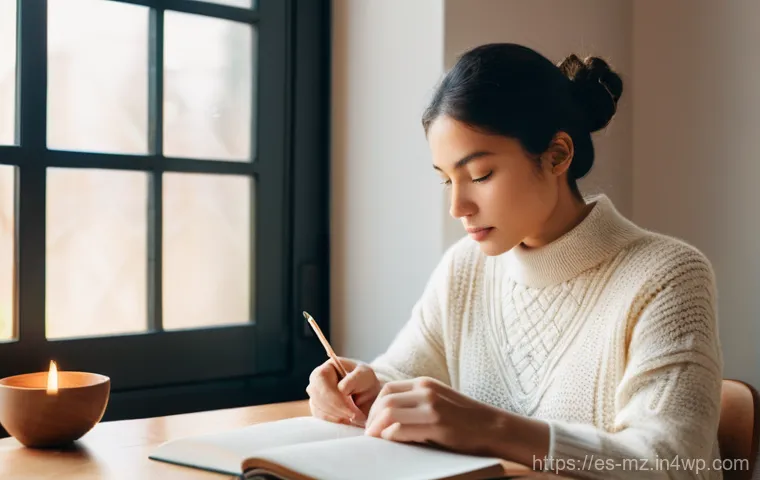 내러티브 건강법과 정신적 회복 속도 - **Image Prompt: Reflective Journaling and Inner Growth**
A serene woman, aged 28, with a gentle ...
