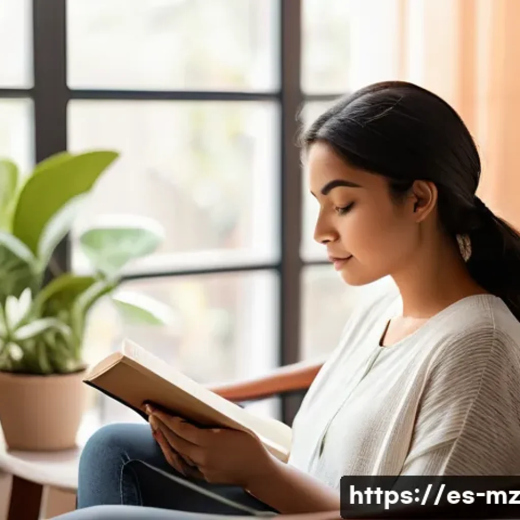 내러티브 건강법의 자기 개발 프로그램 - A serene and cozy indoor scene featuring a young Hispanic woman sitting comfortably on a soft armcha...