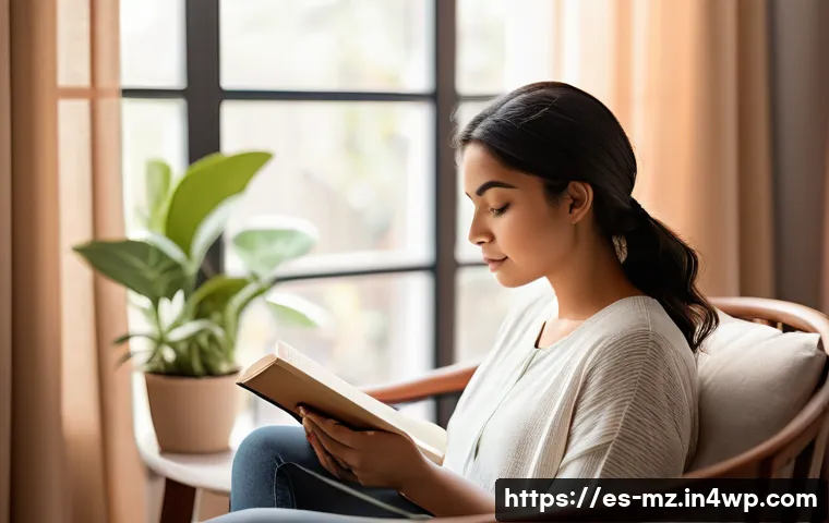 내러티브 건강법의 자기 개발 프로그램 - A serene and cozy indoor scene featuring a young Hispanic woman sitting comfortably on a soft armcha...