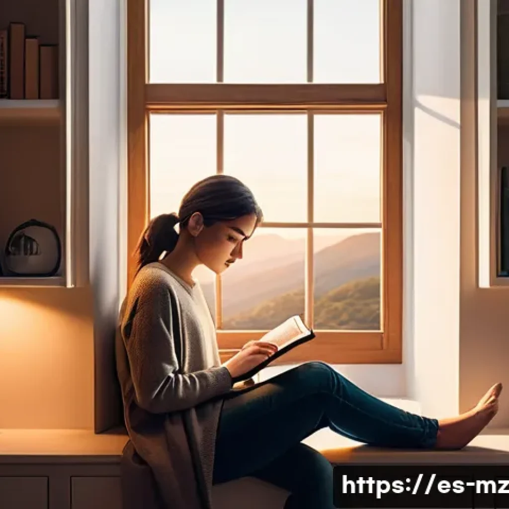 내러티브 건강법을 통한 정서적 치유 - A serene and cozy indoor scene depicting a young adult woman sitting comfortably in a softly lit cor...