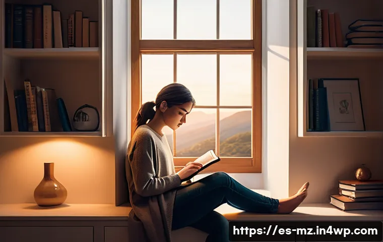 내러티브 건강법을 통한 정서적 치유 - A serene and cozy indoor scene depicting a young adult woman sitting comfortably in a softly lit cor...