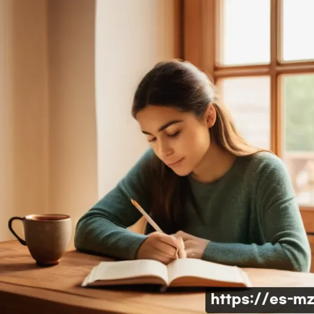 내러티브 건강법과 삶의 재구성 - A serene young adult woman sitting comfortably in a cozy, softly lit room, journaling her emotions w...