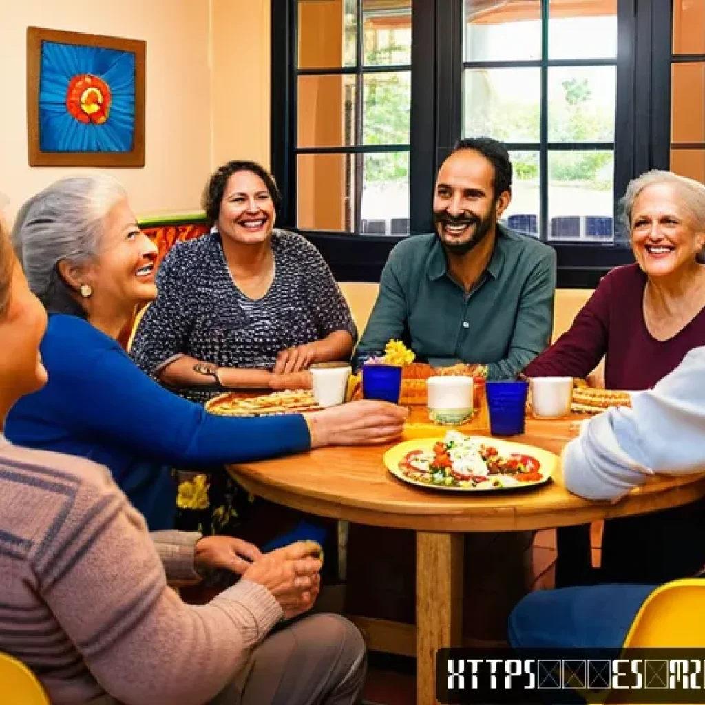 내러티브 건강법과 성격 유형의 관계 - A warm and inviting scene of a diverse group of Spanish-speaking adults in a cozy community center, ...
