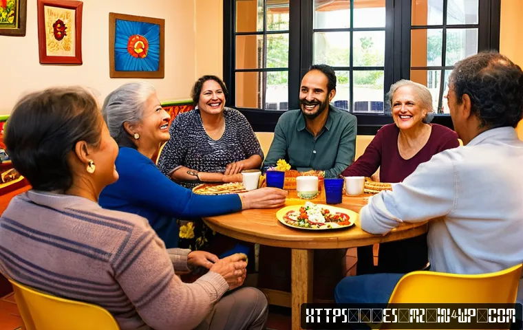 내러티브 건강법과 성격 유형의 관계 - A warm and inviting scene of a diverse group of Spanish-speaking adults in a cozy community center, ...