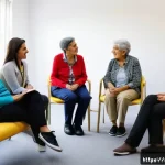 Home 21 내러티브 건강법의 실제 사례 분석 - A warm, inviting therapy room in a modern Buenos Aires community center, featuring diverse Latin Ame...