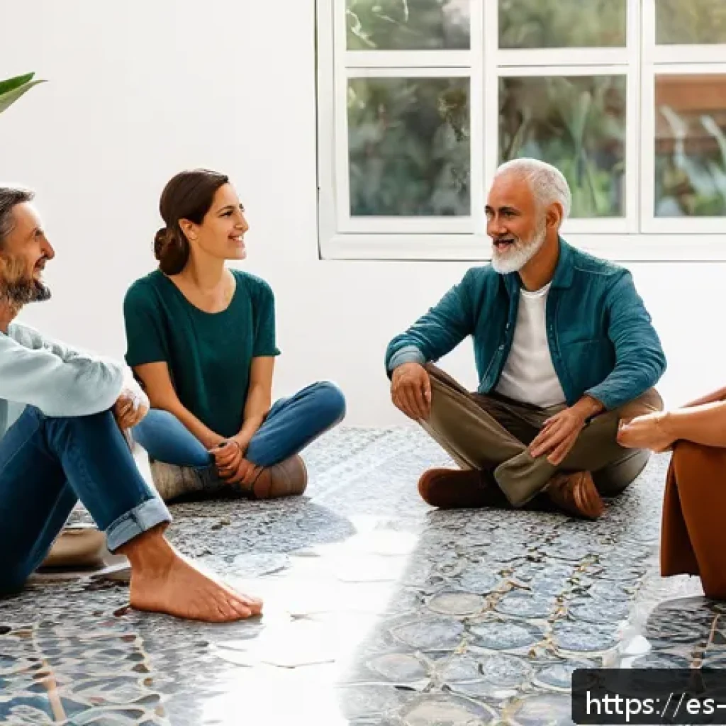내러티브 건강법의 새로운 접근법 - A serene therapy group session in a bright, modern community center in Spain, featuring diverse adul...