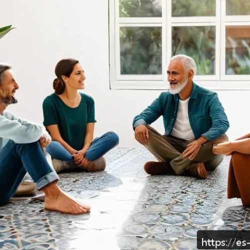 Home 32 내러티브 건강법의 새로운 접근법 - A serene therapy group session in a bright, modern community center in Spain, featuring diverse adul...