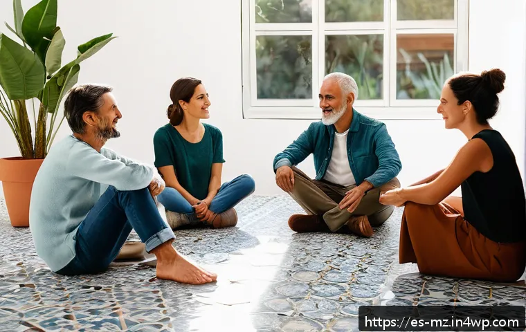 내러티브 건강법의 새로운 접근법 - A serene therapy group session in a bright, modern community center in Spain, featuring diverse adul...