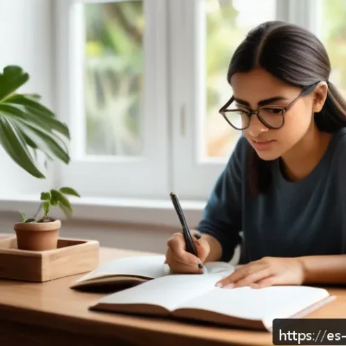 Home 31 내러티브 건강법과 직장 내 스트레스 관리 - A serene and cozy home office setting featuring a young Hispanic woman in casual clothing and glasse...