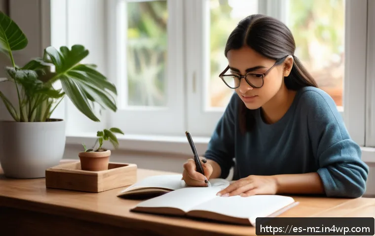 내러티브 건강법과 직장 내 스트레스 관리 - A serene and cozy home office setting featuring a young Hispanic woman in casual clothing and glasse...