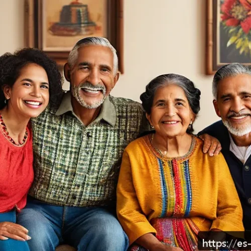 Home 30 내러티브 건강법의 문화적 적용 사례 - A warm, vibrant Hispanic family gathering in a cozy living room, with multiple generations sitting i...