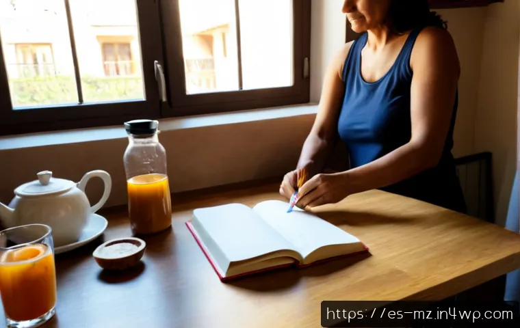 내러티브 건강법과 개인의 변화 - Photorealistic morning wellness routine in a sunlit Spanish-style apartment kitchen, a middle-aged H...